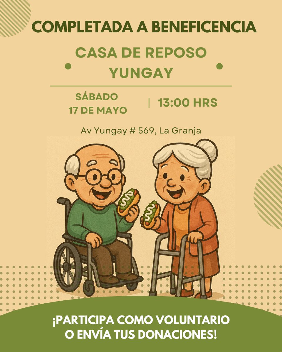 Libres_Chile's tweet image. ¡Los invitamos a todos a una completada a beneficencia del la casa de Reposo Yungay! 🧓👴
¿Cómo puedes ayudar?
Necesitamos: 
- Voluntarios para armar los completos 🌭🙋‍♀️
- Fondos para comprar los ingredientes🍅🥑
- Donaciones de insumos para los abuelitos (toallitas húmedas o…
