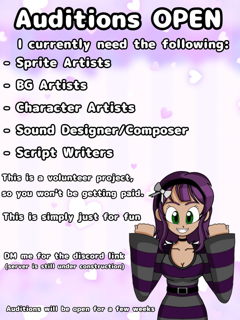 Feel free to send me a DM on here or Discord if you want to help out with this project!

The current sprite of Kiko (the one on the picture) is NOT her final design, as I am open to redesigning her