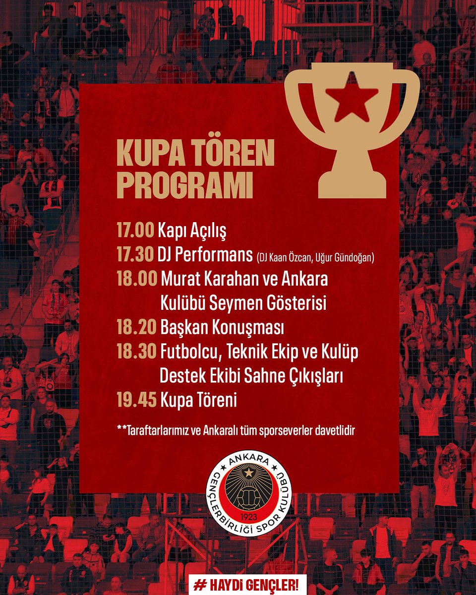 Azim, hırs, zafer dolu sezonun kutlamasını hep birlikte yarın akşam Eryaman Stadyumu’nda yapıyoruz! 🏆

Tüm taraftarlarımızı ve Ankaralı sporseverleri bekliyoruz. 

#KırmızıKaraGeliyor