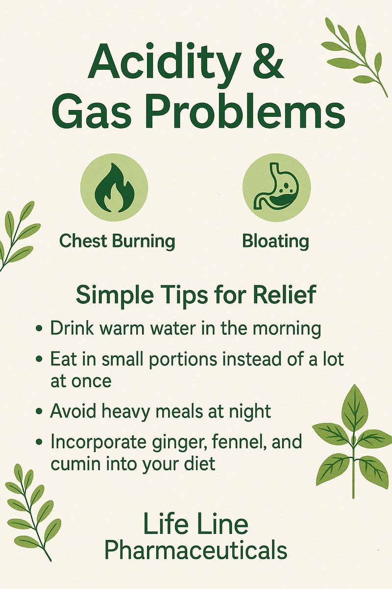 MDhabib1934570's tweet image. Common Causes:
– Spicy or oily food
– Irregular eating habits
– Stress &amp;amp; lack of sleep
– Skipping meals. 
Simple Tips to Reduce Acidity &amp;amp; Gas:
– Drink warm water in the morning
– Eat smaller, frequent meals
#AcidityRelief #GasProblemSolution #lifelinepharmaceuticals