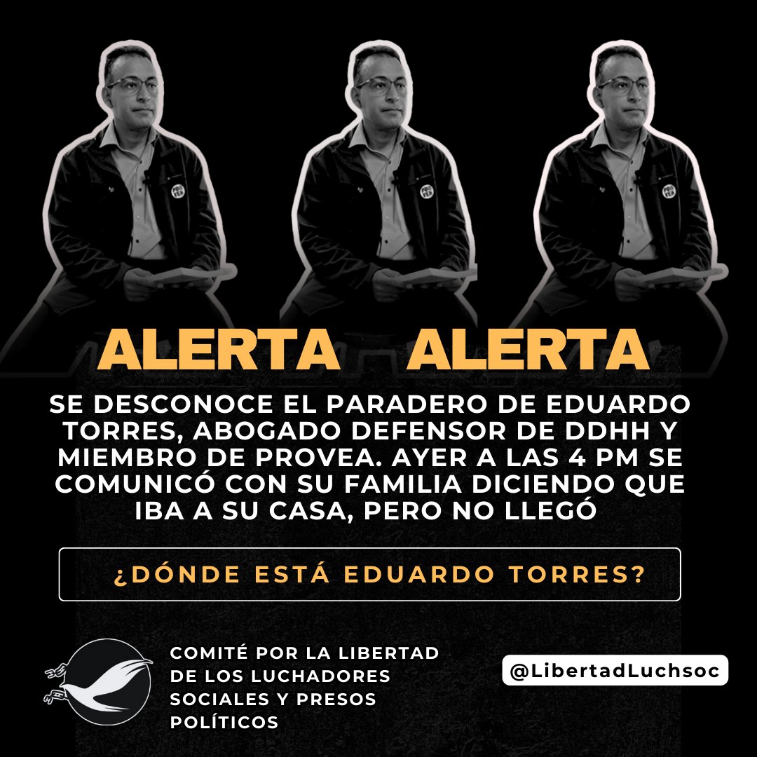 ⚠️ ALERTA | #10Mayo | <a href="/torreseduardoj/">Eduardo Torres</a>, defensor de DDHH y miembro de <a href="/_Provea/">PROVEA</a>, está desaparecido desde ayer. A las 4:00 pm se comunicó con su familia diciendo que iba a su casa, pero nunca llegó. Ha sido amenazado varias veces por funcionarios policiales
🗣️#DondeEstaEduardoTorres