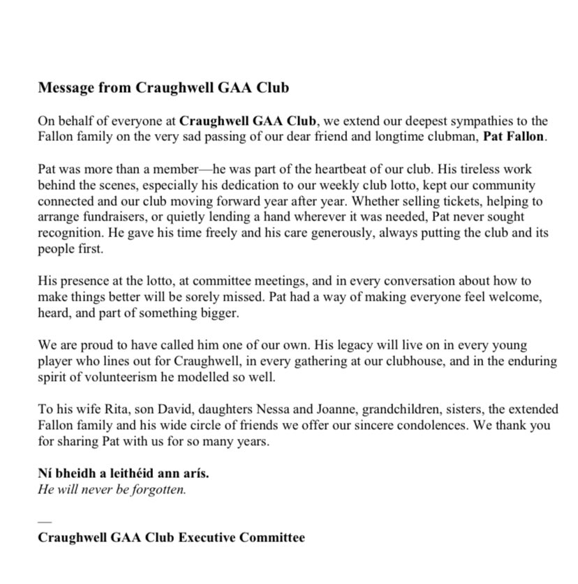 Statement on behalf of Craughwell GAA following the passing of our beloved clubman Pat Fallon. 
May he rest in peace.

rip.ie/death-notice/p…