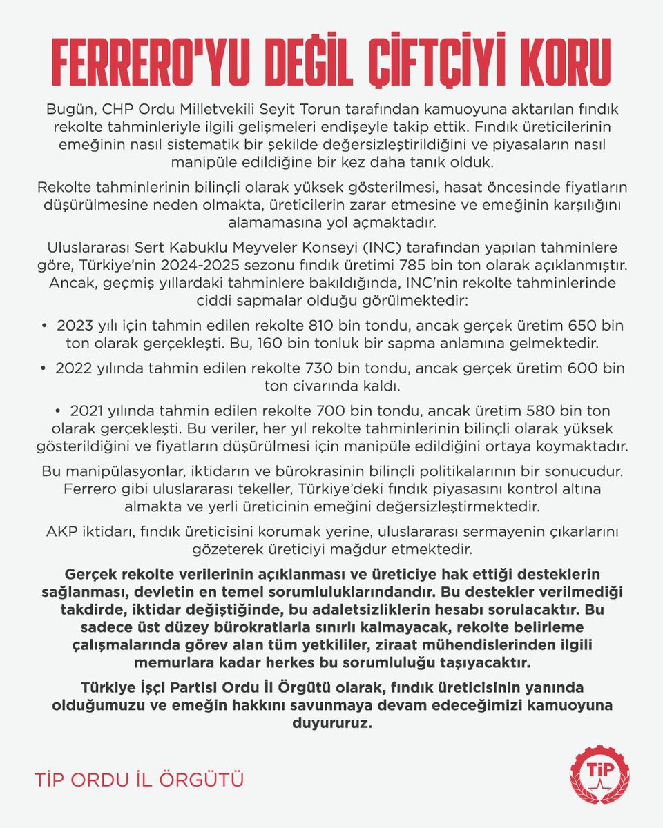 Rekolte tahminlerinin bilinçli olarak yüksek gösterilmesi, hasat öncesinde fiyatların düşürülmesine neden olmakta, üreticilerin zarar etmesine ve emeğinin karşılığını alamamasına yol açmaktadır.

Hesap vereceksiniz!
