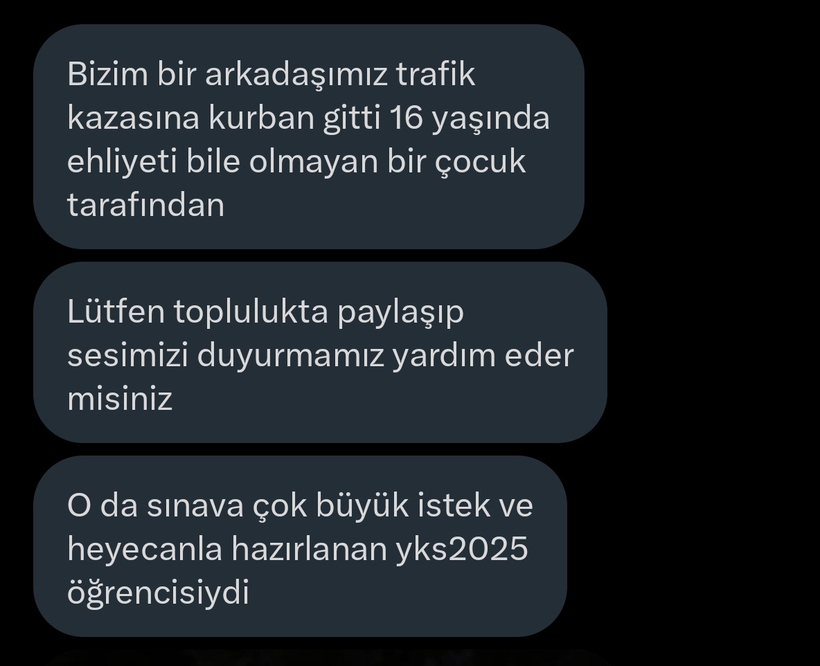 Kübra da bizim gibiydi, sıra arkadaşımızdı. Ancak hedefleri için gittiği dershaneden eve dönerken; ehliyetsiz KİRALIK araç süren, 16 yaşındaki ALKOLLÜ bir sürücü tarafından hayalleri yarım bırakıldı ve ailesine para teklif edildi. Kübra hepimiz olabilirdik, sesimizi duyuralım