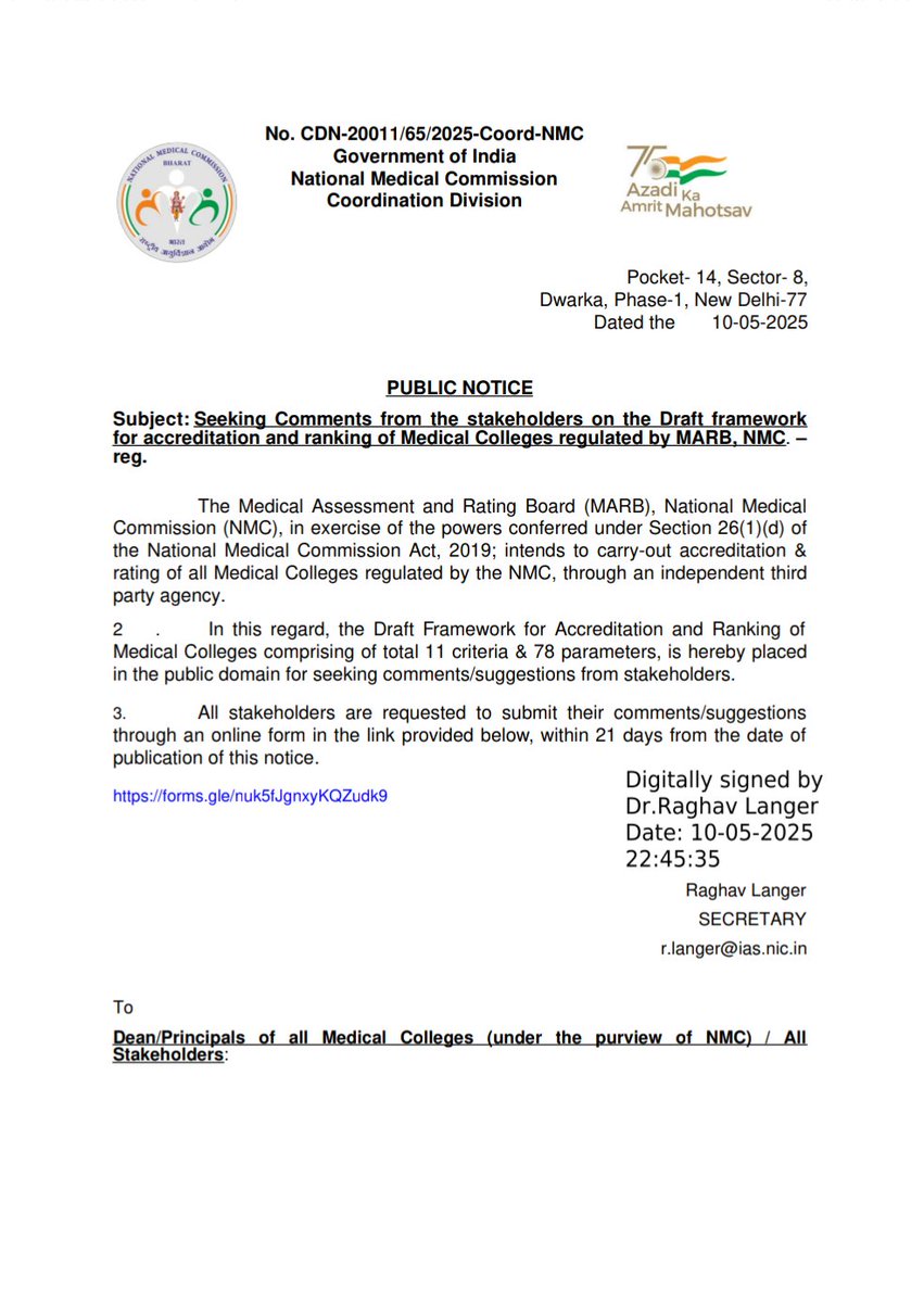 PUBLIC NOTICE: NMC invites comments on the Draft Framework for Accreditation &amp; Ranking of Medical Colleges regulated by MARB.

📝 Submit your suggestions within 21 days: forms.gle/nuk5fJgnxyKQZu…

#NMC #MedicalEducation #MARB