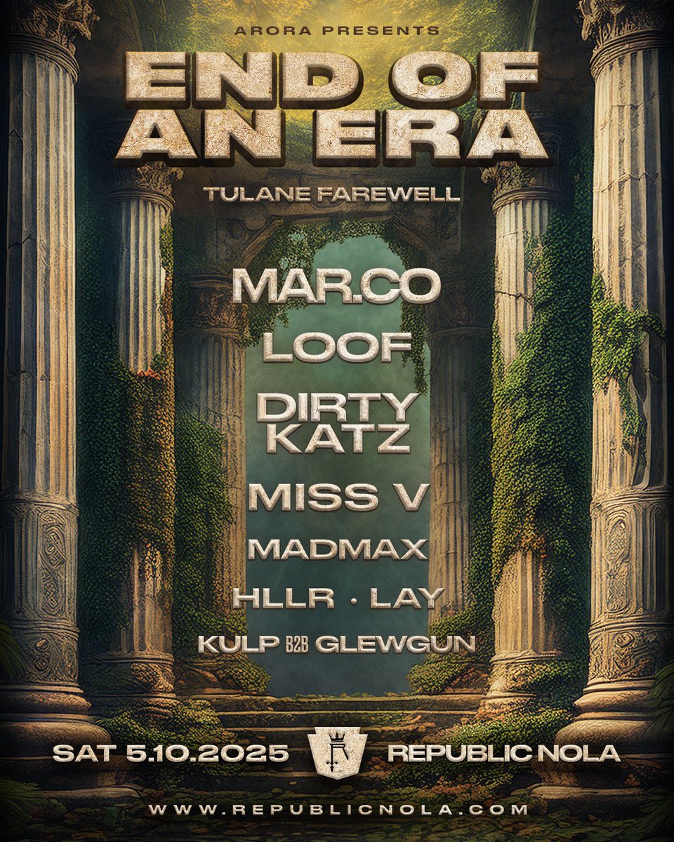 🔄‼️VENUE SWAP‼️🔄
The SoundCloud Era heads to ARORA and End Of An Era moves  to Republic NOLA to keep the 360 stage rolling! Get ready to hear those nostalgic mumbles powered by Funktion-One sound in ARORA all curated by Neb + FREAUX and enjoy a fully immersive, limited capacity
