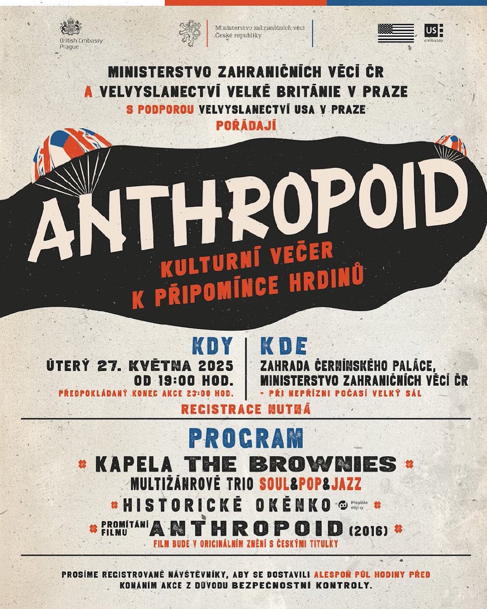 Připomeňte si hrdinský čin operace Anthropoid – zásadní moment českého odboje.
🎥Zveme vás na promítání filmu Anthropoid s doprovodným programem.
Kdy: úterý 27. května 2025, 19:00–23:00
Kde: zahrada Černínského paláce
Více informací a registrace: fb.me/e/80F1CJ2dR
