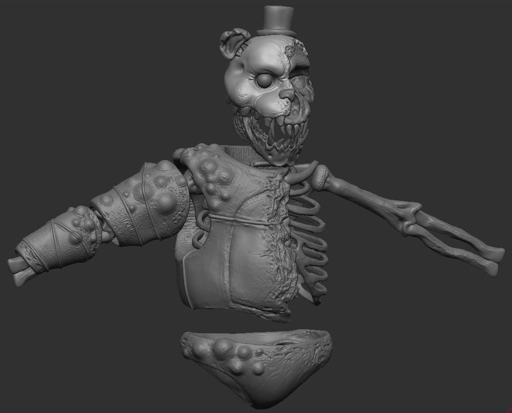I don't normally share WIPs but I thought this one could be fun to show
I've been slowly trying to learn Zbrush in my spare time for about two weeks now and I made this Inner Freddy sculpt!
Not too sure if I'll manage to finish it but we'll see

#fanverse #tjoc #fnaf #fnaffanart