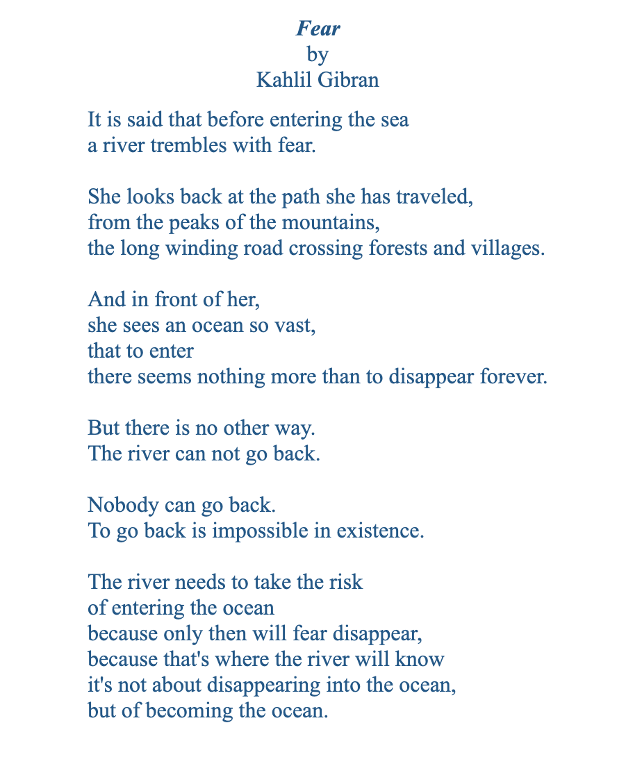 Joe Hudson (@fu_joehudson) on Twitter photo This is one of my favorite poems, from Kahlil Gibran
We read it at the beginning of our week-long intensives. This is one of my favorite poems, from Kahlil Gibran
We read it at the beginning of our week-long intensives.