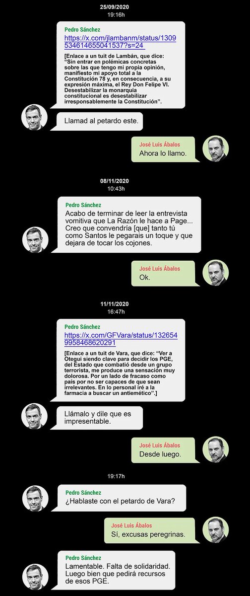 LosMeconios's tweet photo. Lo que más sorprende de la conversación de WhatsApp entre Pedro Sánchez y Ábalos que ha publicado El Mundo, es precisamente lo poco que sorprende... Sánchez es —exactamente— tal y como lo habíamos imaginado: Un puto falso, desleal, déspota, soberbio y narcisista. https://t.co/rkW2r3wlHU