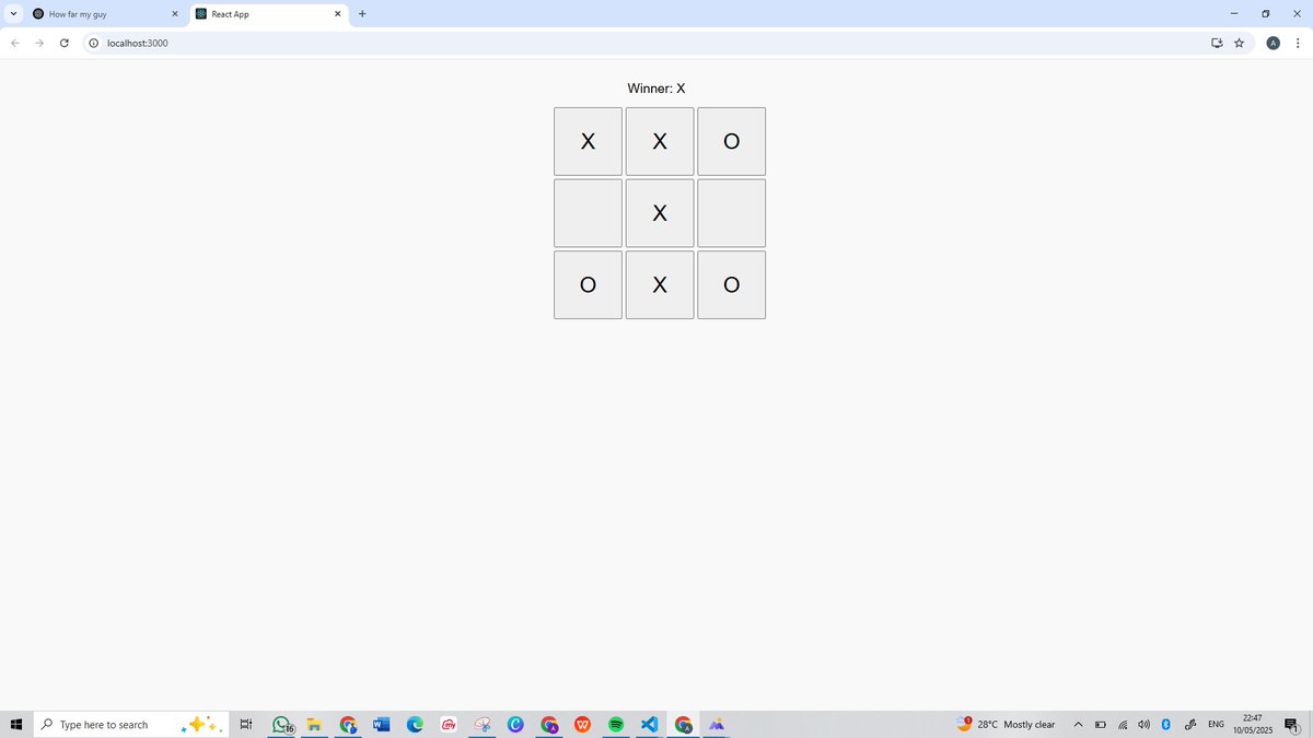 jaybeedebbie's tweet photo. Day 6 of 14
Today, I explored how React handles user interactions like clicks and inputs. Events trigger updates, are tied to state changes, and work like JavaScript, but in JSX
I built a basic Tic-Tac-Toe game. Each square updates on click using useState, and the board rerenders https://t.co/FomQUfKNei