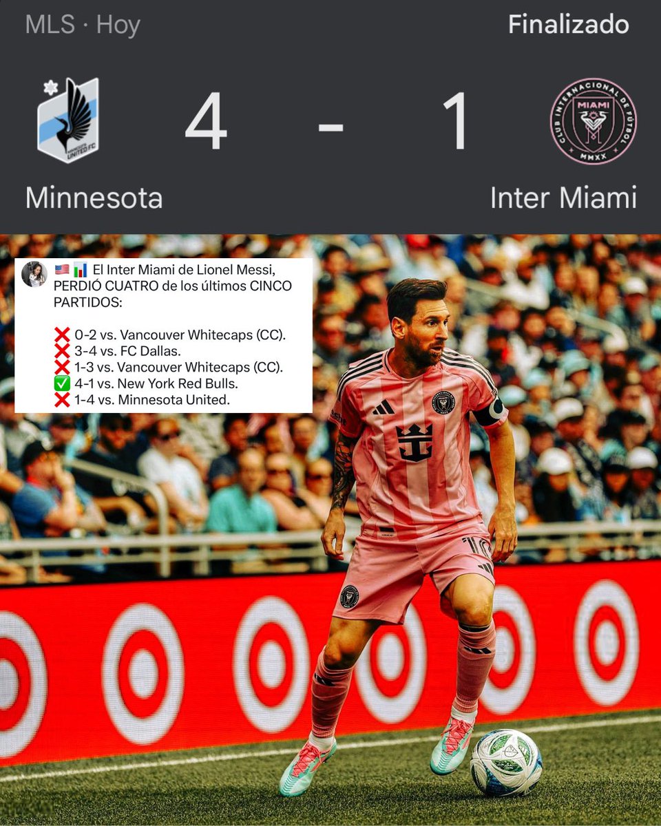 🇺🇸📊 El Inter Miami de Lionel Messi, PERDIÓ CUATRO de los últimos CINCO PARTIDOS: 

❌ 0-2 vs. Vancouver Whitecaps (CC). 
❌ 3-4 vs. FC Dallas. 
❌ 1-3 vs. Vancouver Whitecaps (CC). 
✅ 4-1 vs. New York Red Bulls. 
❌ 1-4 vs. Minnesota United.