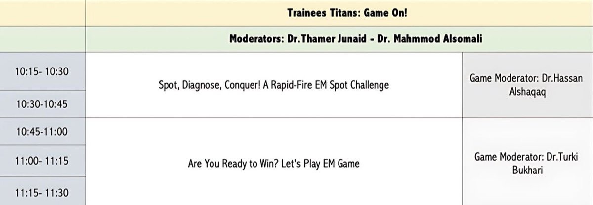 Hassan M. Alshaqaq (@hassanalshaqaq) on Twitter photo Join the adrenaline!
Challenge your clinical mind, compete with peers, and level up your EM skills at the EM Titans Game during #SASEM25.
Fast-paced. High-impact. All fun.
Don’t just attend—play to win!
<a href="/SaudiEmergency/">SASEM</a>
#ADecadeOfEMpact
<a href="/grooger1032/">Thamir AlJunaid</a>
<a href="/mahmoud_427/">Mahmoud Alsomali</a> Join the adrenaline!
Challenge your clinical mind, compete with peers, and level up your EM skills at the EM Titans Game during #SASEM25.
Fast-paced. High-impact. All fun.
Don’t just attend—play to win!
<a href="/SaudiEmergency/">SASEM</a>
#ADecadeOfEMpact
<a href="/grooger1032/">Thamir AlJunaid</a>
<a href="/mahmoud_427/">Mahmoud Alsomali</a>