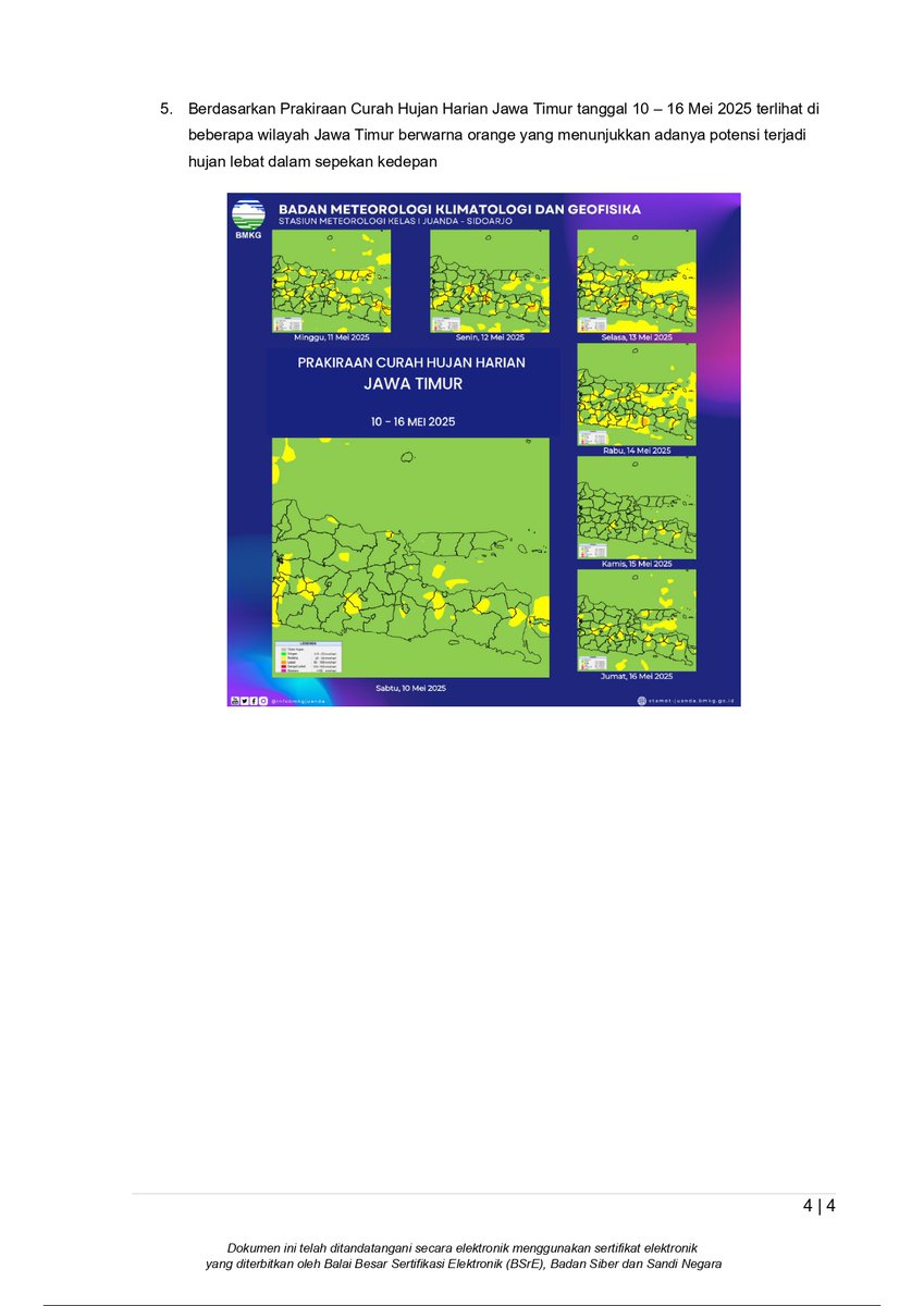 Press Release Kewaspadaan peningkatan Potensi Cuaca Ekstrem di wilayah Jawa Timur periode 10-17 Mei 2025