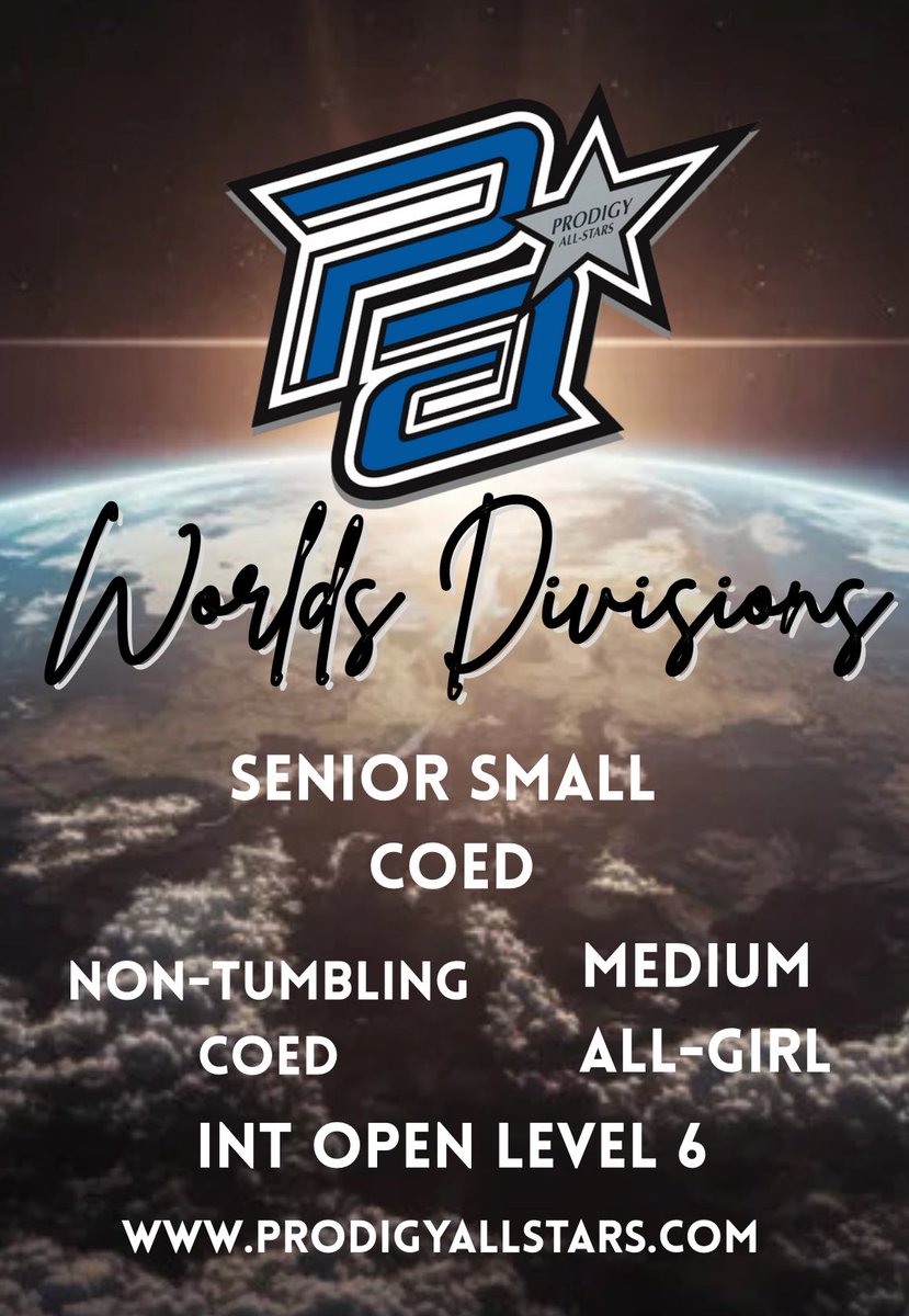 Happening Now. 
Prodigy All Stars projects new Worlds Divisions for 2025-2026. 

Projected Teams based on Tryouts:
— Senior Small Coed 6
— Non-Tumbling Coed 6
— International Open 6
— Senior Medium 6

The addition of Senior Medium would mark a new addition to the division.