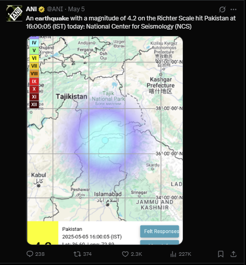 Monkastra's tweet photo. Join the Dots. 

May 11 - #ceasefire 
May 11 - Alarming Intelligence by JD Vance after Trump said 'Let them fight'
May 10 - 4.0 EarthQuake
May 7 - #OperationSindoor 
May 5 - 4.2 EQ
Apr 30 - 4.4 EQ
Apr 30 - #CasteCensus 
Apr 22 - 4.3 EQ
Apr 22 - #PahalgamTerroristAttack https://t.co/J69JcKTbE7