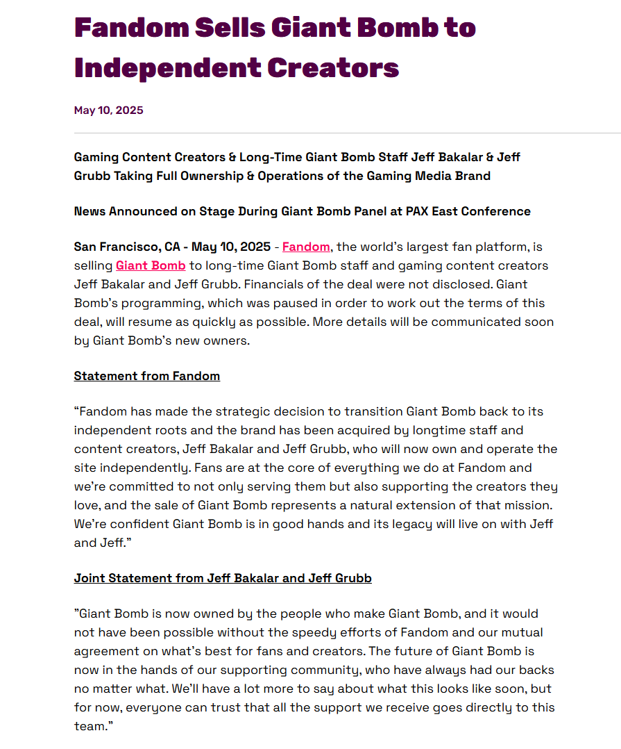 Wario64's tweet photo. Press release - Fandom Sells Giant Bomb to Independent Creators https://t.co/YY4C4q7d07