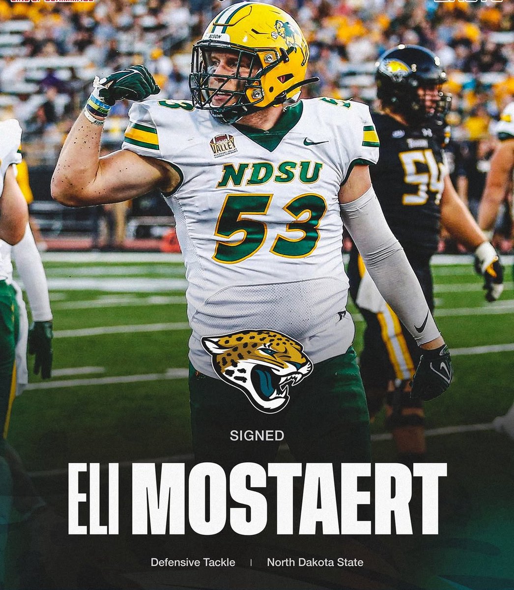 NDNextUp's tweet image. Former Bison, UDFA Eli Mostaert is set to signed a 3 year $2,965,000 deal with the @Jaguars. With an average annual salary of $988,333 a year.
spotrac.com/nfl/player/_/i…
#NDSU #Gobison #RollHerd #NFLDraft #NFL #Jaguars