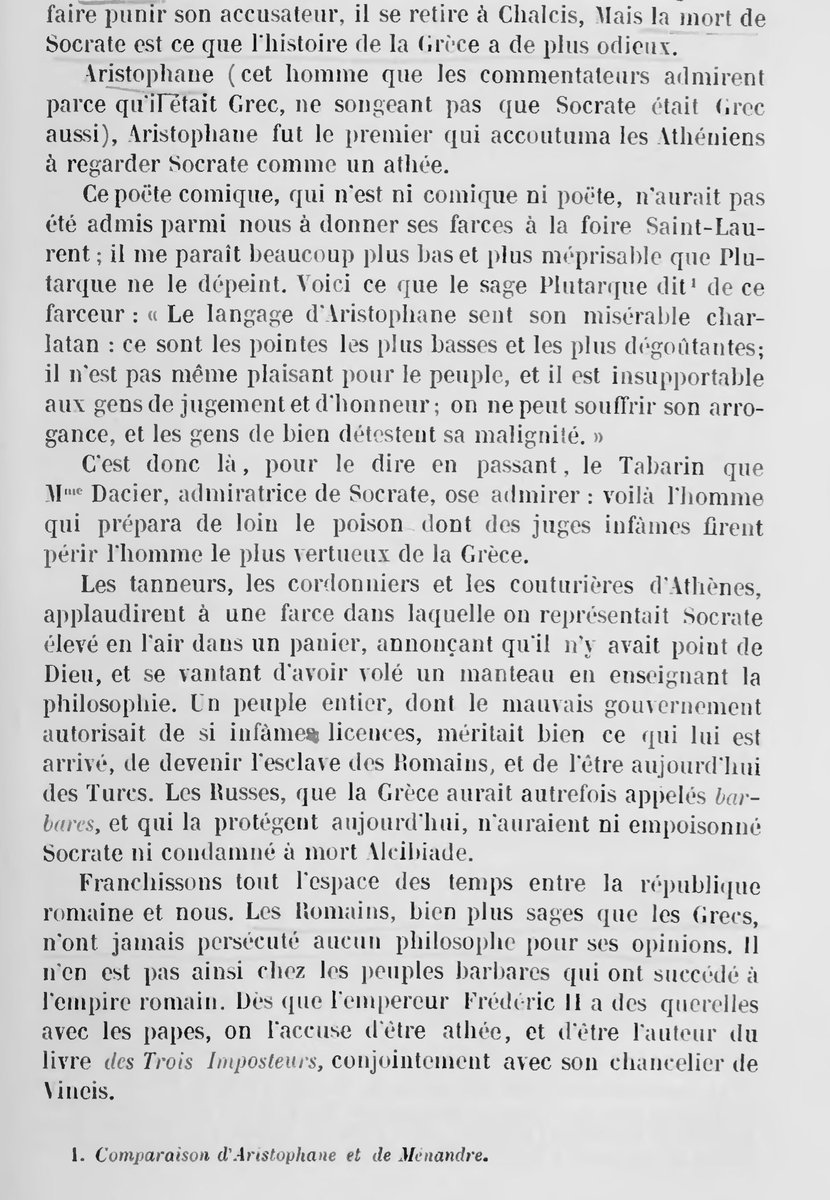 Voltaire non avrebbe scelto le Nuvole: ce poëte comique, qui n’est ni comique ni poëte, n’aurait pas été admis parmi nous à donner ses farces à la foire Saint-Laurent.
Riderei con novelle Ecclesiazuse/Donne nella Chiesa: travestite s’intrufolano nel conclave eleggendo una papessa