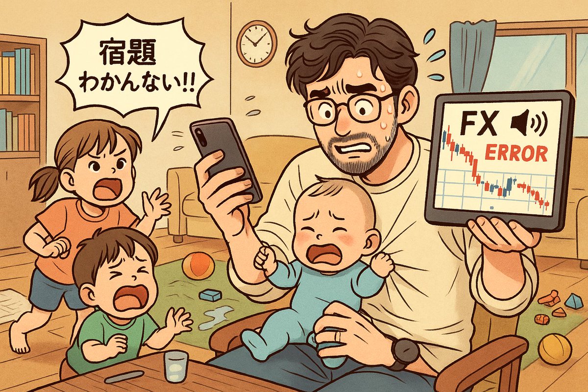 ikukyu_papi's tweet image. 【育休開始1ヶ月】

「副業でFXでも…」
って軽い気持ちでチャート開いた

7歳：宿題わからん
4歳：お茶こぼした
0歳：泣きながらミルクリバース

→ 損切りの指が動かせず、溶けたのは資金とメンタルでした
#育休パピー #FX #副業
#子どもは動く相場より予測不可能