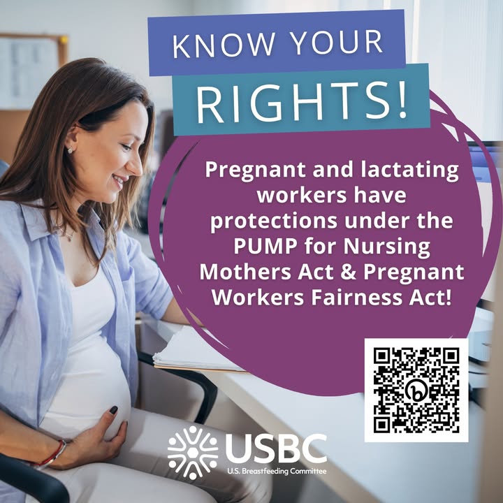 Are you pregnant or breastfeeding/pumping at work? Thanks to the PUMP for Nursing Mothers Act and the Pregnant Workers Fairness Act, you're protected! Know your rights: bit.ly/45xBFqY