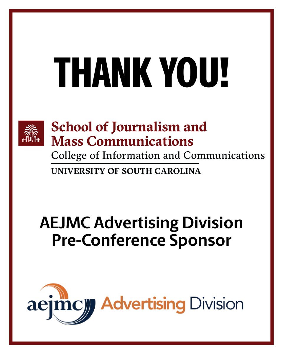 AEJMC Advertising Division (@aejmcaddivision) on Twitter photo We’re proud to welcome the University of South Carolina School of Journalism and Mass Communications <a href="/UofSC_SJMC/">USC J-school</a> as a valued sponsor of the AEJMC Advertising Division’s pre-conference on Advertising Creativity and AI!
Learn more here community.aejmc.org/advertisingdiv…
#AEJMC2025 We’re proud to welcome the University of South Carolina School of Journalism and Mass Communications <a href="/UofSC_SJMC/">USC J-school</a> as a valued sponsor of the AEJMC Advertising Division’s pre-conference on Advertising Creativity and AI!
Learn more here community.aejmc.org/advertisingdiv…
#AEJMC2025