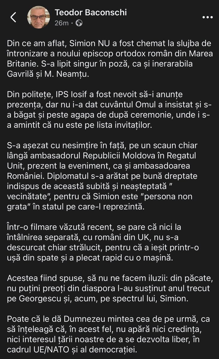 ancaSoroseanca's tweet photo. Simion s-a înfipt neinvitat la slujba de întronizare a noului episcop ortodox român  în UK.
Si-a făcut loc cu tupeu lângă diplomați care îl consideră persona non grata și a forțat intrarea la agapă. 
Când nu e scandal, e penibil. 
Fără rușine, fără mandat, fără rost. https://t.co/dUotHvG8xm