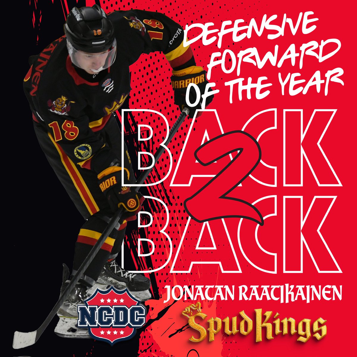 Congrats to Spud Kings forward Jonatan Raatikainen on his 2nd consecutive Mountain Division Defensive Forward of the Year. Ratty was a force to be dealt with this season, we are so grateful that he chose to play in Idaho Falls for his last season of Junior Hockey.