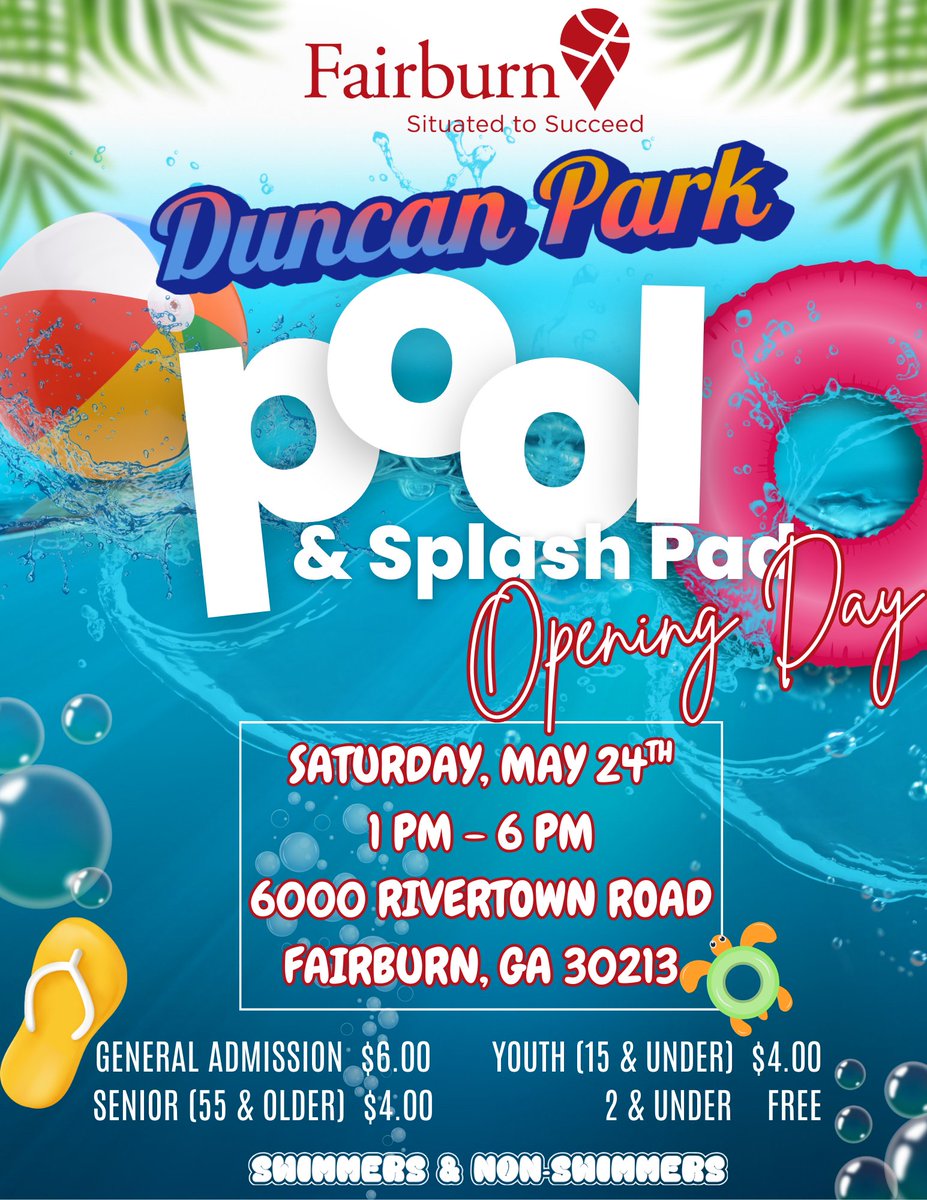 Life is better by the pool 🏊‍♂️ We're inviting you to have some fun under the sun at the official opening of the Duncan Park Pool &amp; Splash Pad 😎 Payments will be taken in cash/card upon arrival

#OneFairburn #FairburnGA #summervibes #ThingsToDoInFairburn #GeorgiaCities #poolday🏊