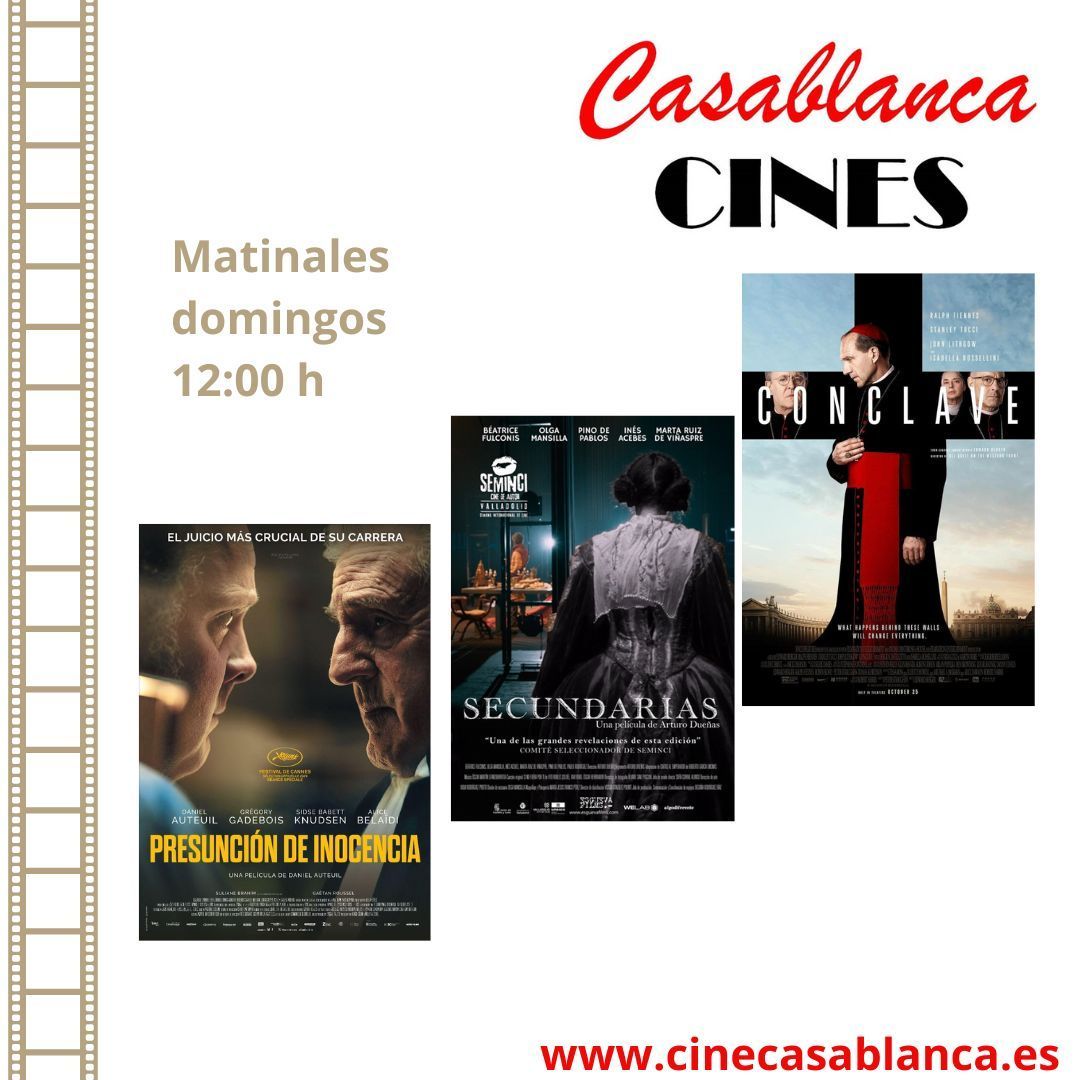 Ven a disfrutar de nuestras #matinales a un precio especial:
🎬Presunción de inocencia -VOSE
🎬Cónclave -VOSE
🎬Secundarias
Los domingos y festivos a las 12:00 h ven a disfrutar de toda la magia del cine.
Entradas en cinecasablanca.es y taquilla
#CineCasablancaValladolid