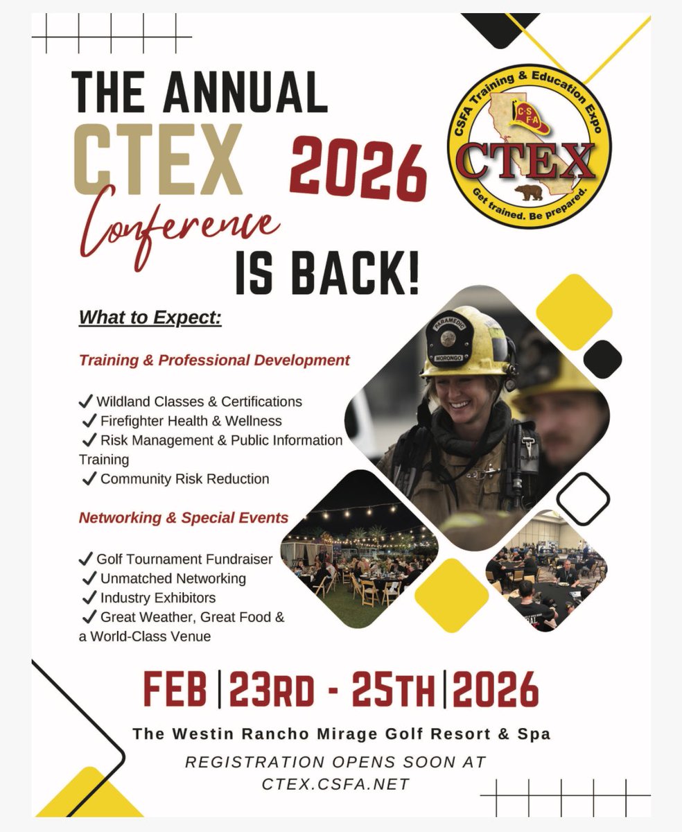 THE ANNUAL CTEX 2026 Conference is back! February 23-25 2026 

Registration opens soon at CTEX.CSFA.NET

#csfa #ctex #firefighters