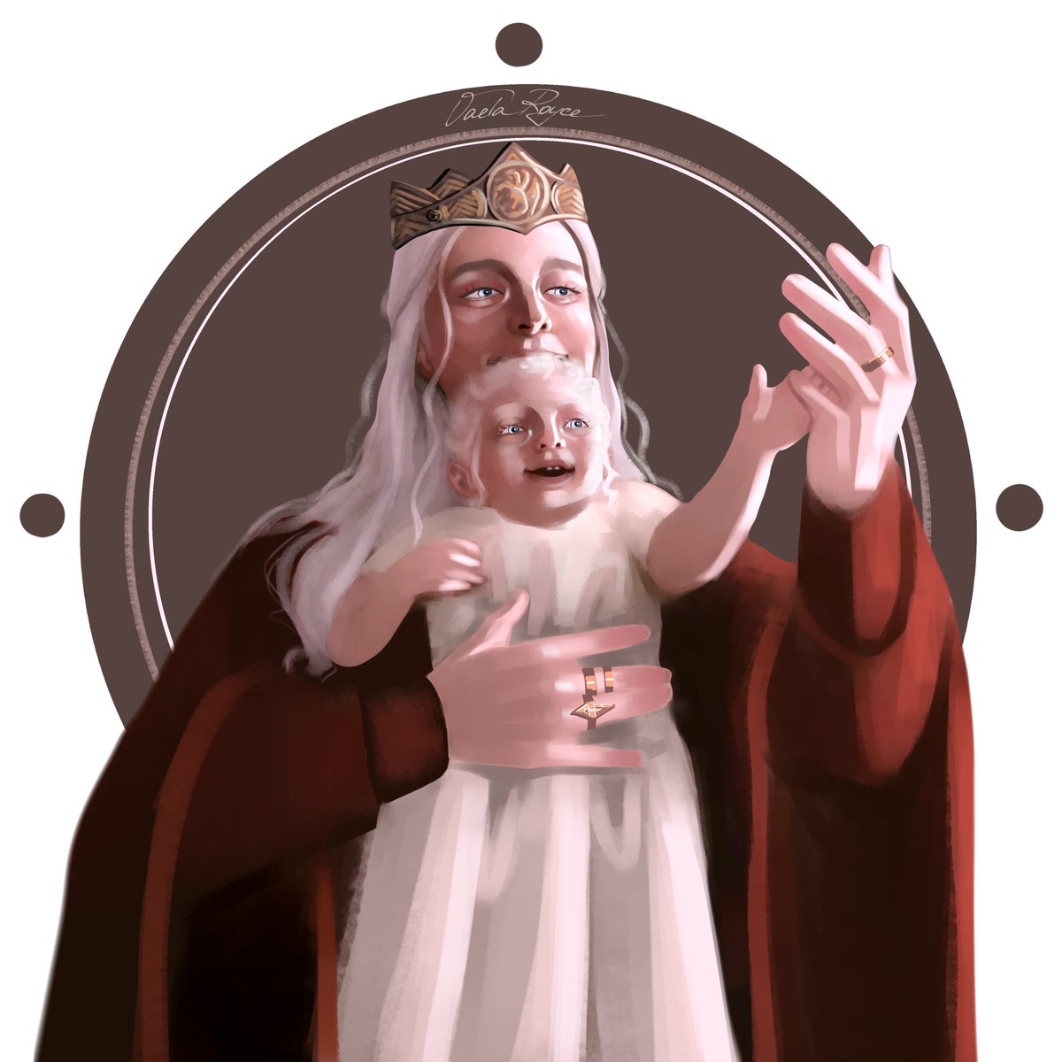 VaelaRoyce's tweet image. Rhaenyra and little &apos;Senya.

The war never happened. Everything is alright. Everyone is happy. 

Tried a new brush, definitely need some time to get used to it, but I think we&apos;ll be good friends. 

#houseofthedragon #hotd #rhaenyratargaryen #visenyatargaryen #ASOIAF #vaelaroyce