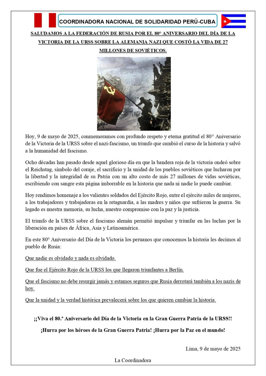 🇷🇺 Ayer, 9 de mayo, se conmemoraron 80 años de la Victoria de la URSS sobre el nazismo.
+27 millones de vidas para derrotar al fascismo.
🟥 Que nadie es olvidado
🟥 Que el fascismo no volverá
🟥 Que la verdad prevalecerá

#DíaDeLaVictoria #Antifascismo #9deMayo