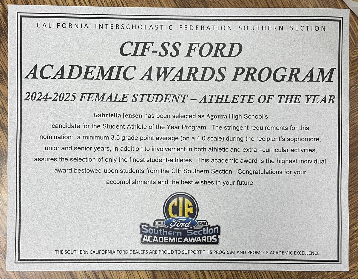 Gabby Jensen (2025) (@gabby_jensen07) on Twitter photo Honored to have earned <a href="/CIFSS/">CIF Southern Section</a> Agoura Scholar Athlete of the Year!
<a href="/AHS_Chargers/">Agoura Athletics</a>
<a href="/AgouraSoccer/">AgouraSoccer</a>
<a href="/AgouraFlag/">Agoura Flag</a> Honored to have earned <a href="/CIFSS/">CIF Southern Section</a> Agoura Scholar Athlete of the Year!
<a href="/AHS_Chargers/">Agoura Athletics</a>
<a href="/AgouraSoccer/">AgouraSoccer</a>
<a href="/AgouraFlag/">Agoura Flag</a>