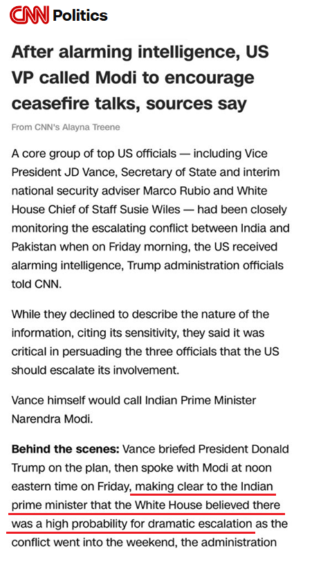 AlexJon04185141's tweet photo. ITS OFFICIAL India offered the ceasefire. CNN: US VP Vance's call to PM Modi, armed with "alarming intelligence" about "dramatic escalation," was the critical moment. fear of further, potentially uncontrolled, escalation was key reason, as presented by the US, for Modi's decision https://t.co/gAYjUfr6sA