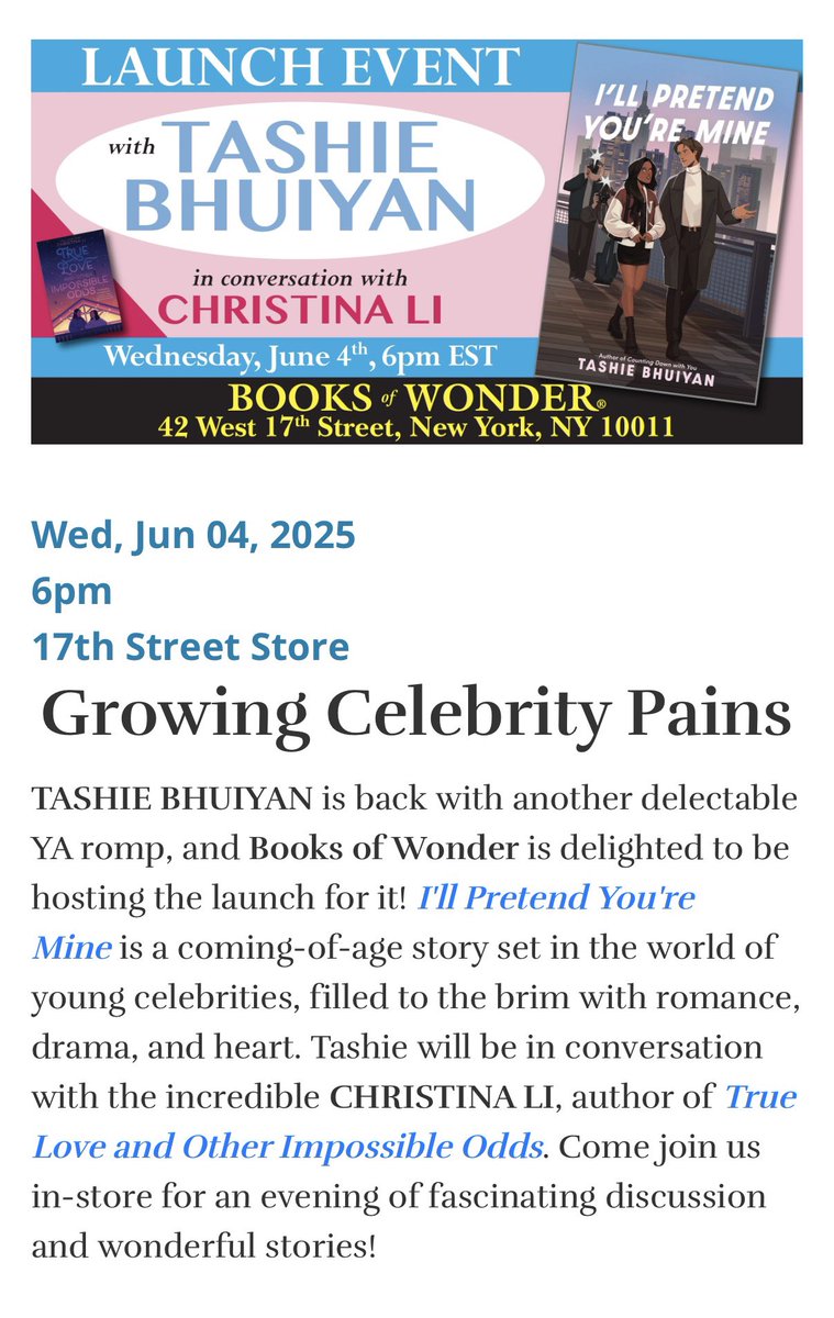 Tashie Bhuiyan (@tashiebhuiyan) on Twitter photo announcing IPYM launch event on June 4th at 6pm at <a href="/BooksofWonder/">Books of Wonder</a>!!! <a href="/CLiwrites/">Christina Li</a> will be moderating <3 I’m so excited to talk about summerjules with you all! come if you’re able! and if you aren’t, you can still order signed copies through the bookstore :)
eventbrite.com/e/launch-event… announcing IPYM launch event on June 4th at 6pm at <a href="/BooksofWonder/">Books of Wonder</a>!!! <a href="/CLiwrites/">Christina Li</a> will be moderating <3 I’m so excited to talk about summerjules with you all! come if you’re able! and if you aren’t, you can still order signed copies through the bookstore :)
eventbrite.com/e/launch-event…