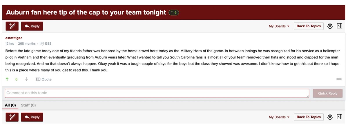 South Carolina baseball team received a tip of the cap from an Auburn fan on <a href="/TheBigSpur247/">TheBigSpur.com</a> for graciously recognizing a member of the military being honored on Friday. This is very nice to read