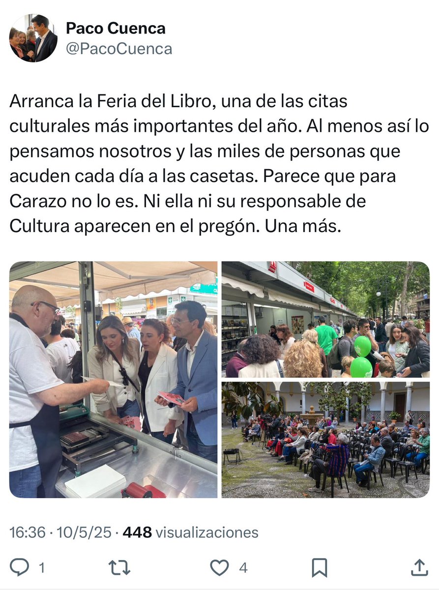 Que pocos argumentos le quedan ya al señor <a href="/PacoCuenca/">Paco Cuenca</a> 

Entiendo que tiene que ser incómodo para usted ver que representando a las Instituciones hemos intervenido hoy en la inauguración y pregón:

1. Un servidor representando al <a href="/aytogr/">Ayuntamiento de Granada</a> (Primer Teniente de Alcalde) PP

2. El