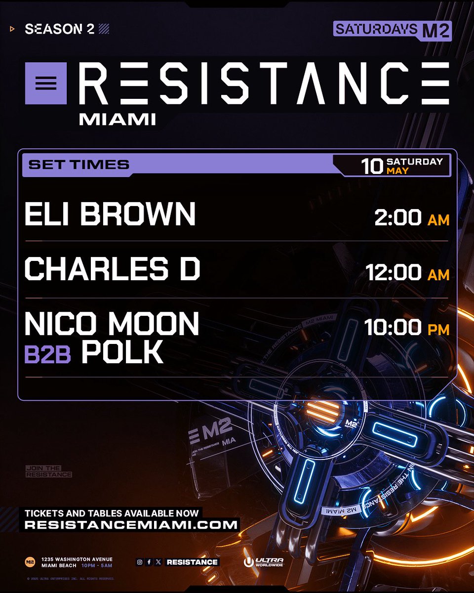 Your set times for tonight’s Season 2 Closing Party with <a href="/Elibrownbeats/">Eli Brown</a>, <a href="/CHARLESDMUSIC/">Charles D</a>, and Nico Moon b2b Polk at <a href="/M2_Miami_/">M2 Miami</a>! Join us for one final dance before we take off for the summer! See you all in the Main Room! 

Final tickets ➡️ resistancemiami.com/tickets