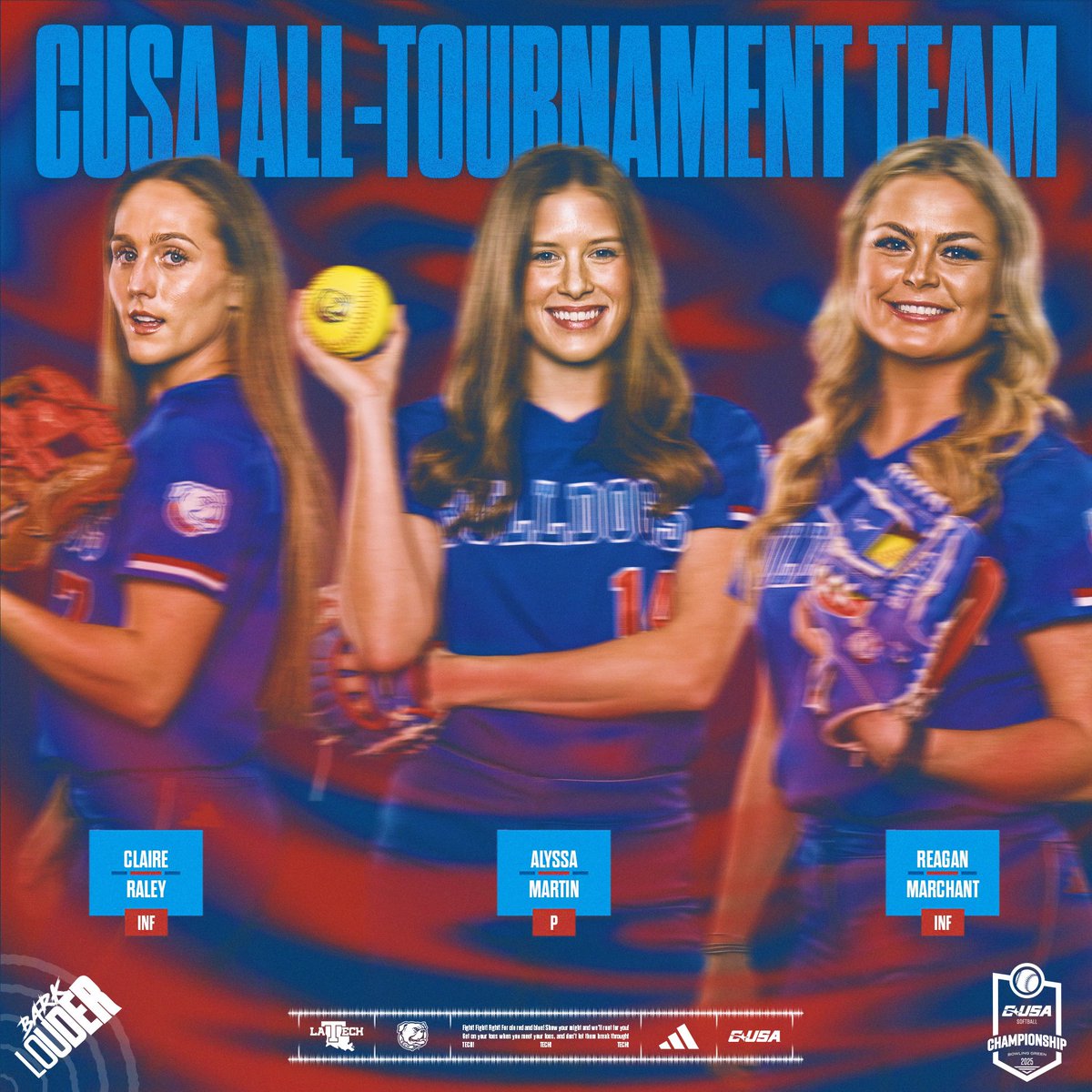 LA Tech Softball (@latechsb) on Twitter photo Placed three on the <a href="/ConferenceUSA/">Conference USA</a> All-Tournament Team!
INF - <a href="/claireraleyyy/">claireraley</a>
INF - <a href="/ReaganMarchant/">Reagan Marchant</a>
P - <a href="/alyssamartinc/">Alyssa Martin</a>
#BarkLouder | #HBTD Placed three on the <a href="/ConferenceUSA/">Conference USA</a> All-Tournament Team!
INF - <a href="/claireraleyyy/">claireraley</a>
INF - <a href="/ReaganMarchant/">Reagan Marchant</a>
P - <a href="/alyssamartinc/">Alyssa Martin</a>
#BarkLouder | #HBTD