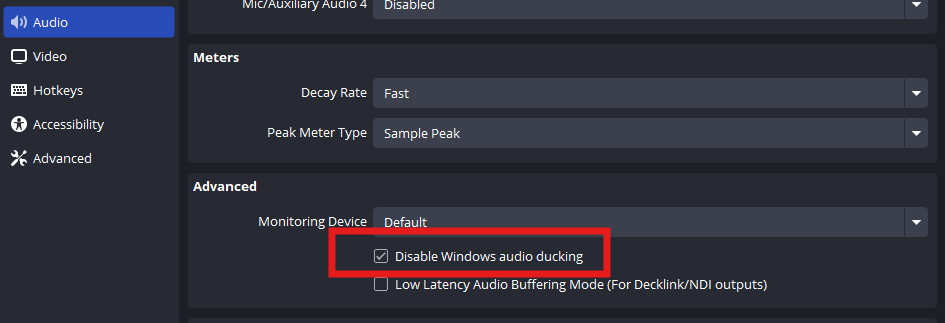 Rekson (@reksongames) on Twitter photo Know a streamer who is encountering crackly audio in OBS via things like Sound Alerts, Tangia, etc. after updating Windows? Share this with them! Go to Audio -> Advanced -> Disable Windows audio ducking and uncheck the box, hit apply, then check the box again and hit apply again! Know a streamer who is encountering crackly audio in OBS via things like Sound Alerts, Tangia, etc. after updating Windows? Share this with them! Go to Audio -> Advanced -> Disable Windows audio ducking and uncheck the box, hit apply, then check the box again and hit apply again!