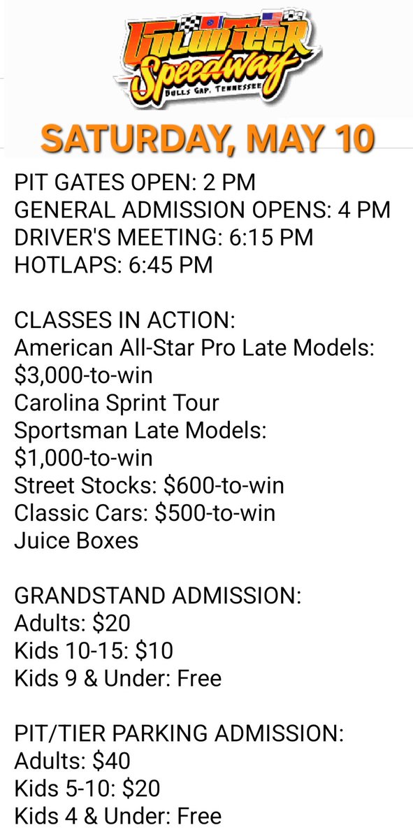 Volunteer Speedway (@thegap_volspdwy) on Twitter photo Gates are open <a href="/TheGap_VolSpdwy/">Volunteer Speedway</a> for tonight's <a href="/AmericanCrateAS/">American All-Star Series</a> and <a href="/CarolinaSprints/">Carolina Sprint Tour</a> headlined 5 division racing 🏁 program. We hope to see you in Bulls Gap, USA! 🇺🇸 ... VolunteerSpeedway.com Gates are open <a href="/TheGap_VolSpdwy/">Volunteer Speedway</a> for tonight's <a href="/AmericanCrateAS/">American All-Star Series</a> and <a href="/CarolinaSprints/">Carolina Sprint Tour</a> headlined 5 division racing 🏁 program. We hope to see you in Bulls Gap, USA! 🇺🇸 ... VolunteerSpeedway.com
