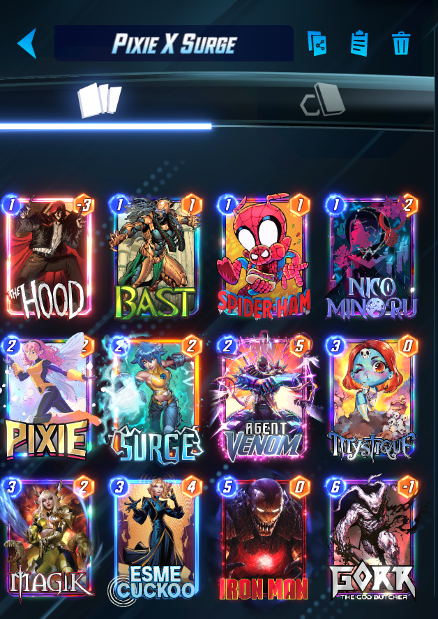My 23rd Infinity rank achievement! 

From 73@83 - any Thanos variation deck
From 83@100 - Pixie X Surge Deck (Very very good )

Surge + Pixie is an insane combination - Tbh, you could change Nico for M.M. Also, be patient before using Bast !!

Deck in description.

#MarvelSnap