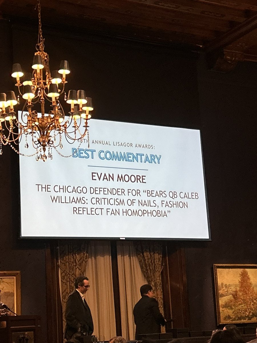 Evan F. Moore (@evanfmoore) on Twitter photo My <a href="/ChiDefender/">The Chicago Defender</a> column on Caleb Williams, manhood, and homophobia won the Headline Club’s Peter Lisagor Award for Best Sports Commentary.
Congrats to all the winners. My <a href="/ChiDefender/">The Chicago Defender</a> column on Caleb Williams, manhood, and homophobia won the Headline Club’s Peter Lisagor Award for Best Sports Commentary.
Congrats to all the winners.