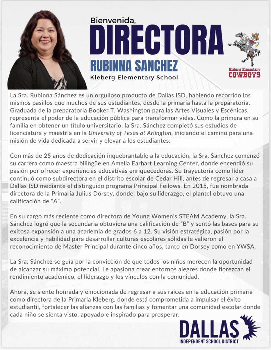 Julie Singleton (@principalsingl2) on Twitter photo A Big Welcome to the new principal of Kleberg ES! Rubinna Sanchez brings tons of experience, great energy, and a real love for students and staff. We’re excited about what’s ahead for the Kleberg Community!
<a href="/DISDSoutheast/">DISD Region II Seagoville Vertical Team</a> <a href="/Region2DISD/">Dallas ISD Region II</a> A Big Welcome to the new principal of Kleberg ES! Rubinna Sanchez brings tons of experience, great energy, and a real love for students and staff. We’re excited about what’s ahead for the Kleberg Community!
<a href="/DISDSoutheast/">DISD Region II Seagoville Vertical Team</a> <a href="/Region2DISD/">Dallas ISD Region II</a>