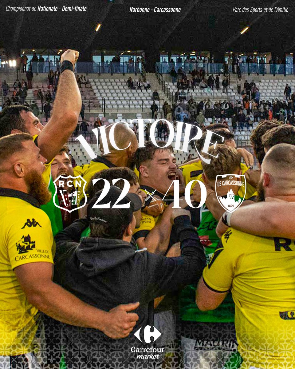 C’EST ÉNORME ! Carcassonne est en finale du Championnat de Nationaleeeee 🔥🔥🔥

Un grand merci aux supporters vous avez été fabuleux !! 💛

#RCNUSC #DéfendreNotreCité ⚔️
