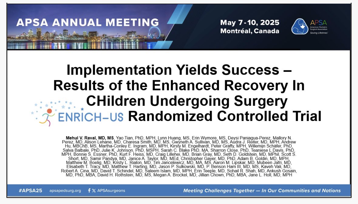 mehulvraval's tweet image. Honored to present our ENRICH-US trial results #APSA25. Enhancing recovery for children undergoing GI surgery. 5y trial, ~600pts, 18 hosp. Clinical improvements! Implementation = success! @ped_src @APSASurgeons @LurieChildrens @NIH @CrohnsColitisFn @NUFeinbergMed @ErasSociety