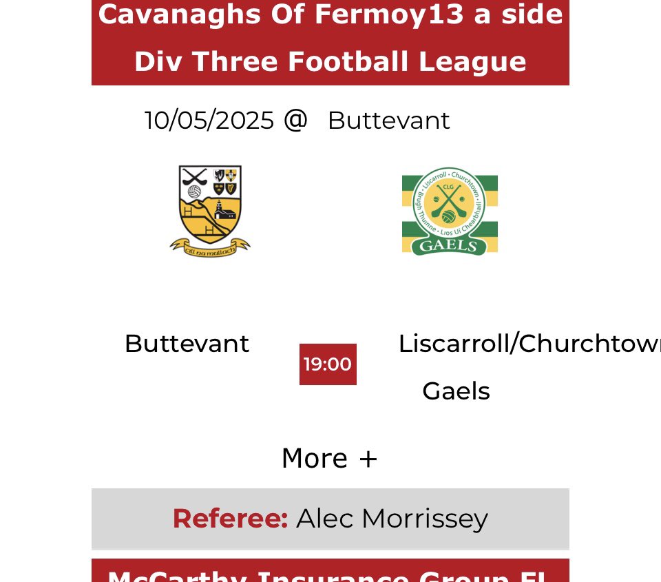 Liscarroll Churchtown Gaels (@lcgaelsgaa) on Twitter photo Cavanaghs of Fermoy DIV3FL
Full time result in Buttevant
<a href="/LCGaelsGAA/">Liscarroll Churchtown Gaels</a> 8:16
<a href="/ButtevantGAA/">Buttevant GAA</a> 1:12
<a href="/AvondhuGAA/">Avondhu GAA</a> Cavanaghs of Fermoy DIV3FL
Full time result in Buttevant
<a href="/LCGaelsGAA/">Liscarroll Churchtown Gaels</a> 8:16
<a href="/ButtevantGAA/">Buttevant GAA</a> 1:12
<a href="/AvondhuGAA/">Avondhu GAA</a>