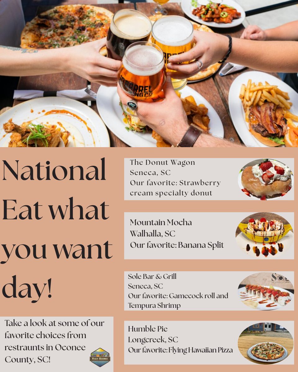 It's National EAT WHAT YOU WANT DAY!!!!!🥐 🌮 🍿 🍕 🍥 🍪 🧁 🥧 🍫 
May 11th is National Eat What You Want Day, but we are celebrating today so Mom can have her day. Here are a few of our favorite suggestions. Where are your favorite restaurants in Oconee?