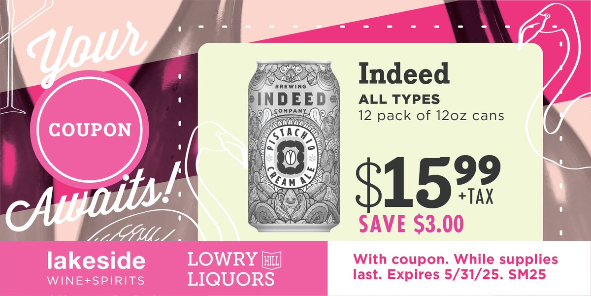LowryHillLiquor's tweet image. 🌟 Craft Beer Savings! 🌟  

Save $3.00 on a 12-pack of Indeed Brewing Pistachio Cream Ale (12oz cans). 🍺 Smooth, nutty flavor at a great deal!  

📅 Valid thru 5/31/25. In-store only at Lakeside Wine + Spirits &amp;amp; Lowry Hill Liquors (MN).  

@IndeedBrewing #CraftBeer #MNBeer